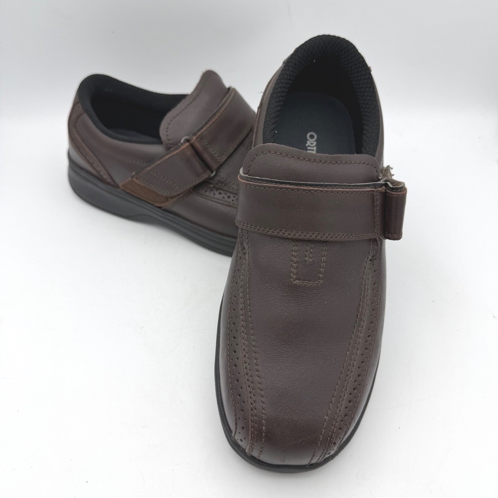 Orthofeet Mens Brown Leather Hook and Loop Strap Loafers Orthotic Shoes